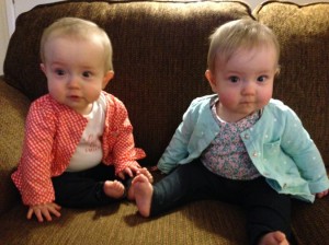 Mary and Anna proudly wearing their blue jeans for babies